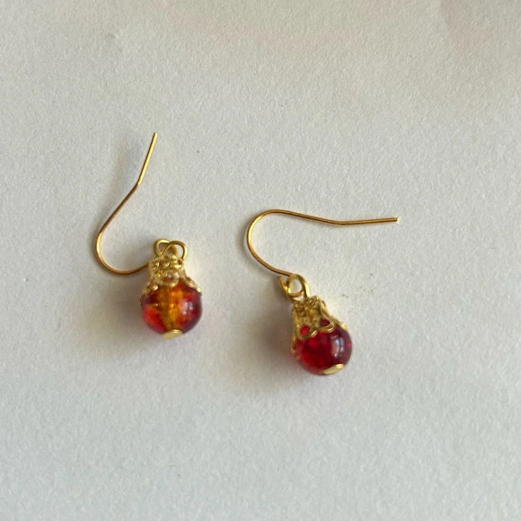 3/$20 Red and Yellow Dual Crystal Ornate Gold Plated Dangling Drop Earrings - Picture 2 of 3